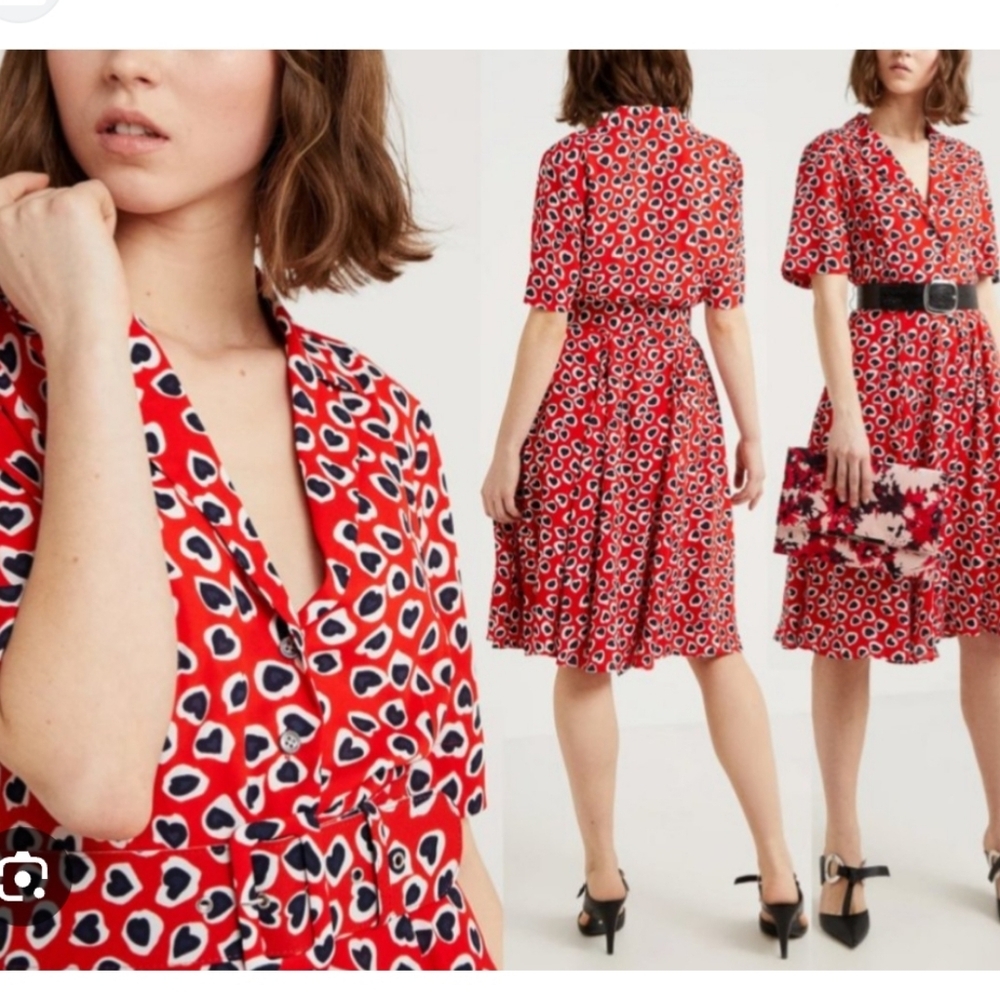 J. Crew Heart Leopard Button Front Midi Dress Red White Blue Size 2 - Picture 10 of 16